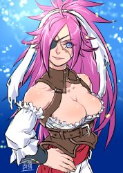 Rule 34 | 1girl, ahoge, alternate hairstyle, bare shoulders, blue eyes, breasts, cleavage, eyepatch, fate/extra, fate/grand order, fate (series), francis drake (fate), hand on own hip, jewelry, large breasts, long hair, looking at viewer, necklace, official alternate costume, pink hair, ryuuki garyuu, scar, scar on face, solo, very long hair