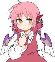 Rule 34 | 1girl, animal ears, bird ears, bird wings, blush, brown dress, closed mouth, dress, earrings, frilled sleeves, frills, highres, ini (inunabe00), jewelry, long sleeves, mystia lorelei, pink hair, short hair, simple background, single earring, sleeve garter, solo, touhou, upper body, white background, white wings, wings, yellow eyes
