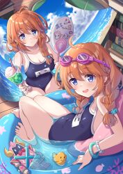 Rule 34 | 2girls, absurdres, brown hair, competition school swimsuit, dessert, food, highres, indoors, innertube, multiple girls, ponytail, princess connect!, school swimsuit, swim ring, swimsuit, toy, tsukachii, twintails, yuni (princess connect!)