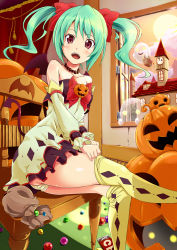 Rule 34 | 1girl, aqua hair, ass, bad anatomy, bat wings, bow, brown eyes, candy, detached sleeves, dressing, food, green hair, hair bow, halloween, highres, jack-o&#039;-lantern, misashi (raichi821), panties, pantyshot, patterned legwear, print thighhighs, pumpkin, sitting, solo, striped clothes, striped panties, table, thighhighs, thighhighs pull, twintails, underwear, wings, yellow thighhighs