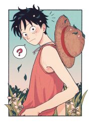 Rule 34 | 1boy, ?, black hair, blue sky, border, closed mouth, commentary, flower, gradient sky, grass, hat, hat on back, highres, leaf, looking at viewer, looking back, male focus, monkey d. luffy, one piece, outdoors, outside border, red shirt, shirt, short hair, silver mssk, sky, solo, spoken question mark, stitches, straw hat, symbol-only commentary, white border, white flower
