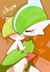 Rule 34 | 1boy, 1other, arrow (symbol), artist name, blush, bowl cut, brown background, brown outline, carrying, character name, child, closed eyes, colored skin, covered eyes, creatures (company), english text, gallade, game freak, gen 3 pokemon, gen 4 pokemon, green hair, green skin, hair over eyes, hair over one eye, hand up, heart, highres, japanese text, kiss, mixed-language text, multicolored hair, multicolored skin, nintendo, one eye covered, pokemon, pokemon (creature), ralts, romaji text, short hair, signature, steam, steaming body, translated, twitter username, two-tone hair, two-tone skin, u u, white hair, white skin, yuri (fl0werspace)