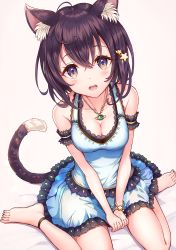 Rule 34 | 1girl, animal ear fluff, animal ears, bare arms, bare shoulders, barefoot, between legs, black hair, blue dress, blush, bracelet, breasts, brown eyes, cat ears, cat girl, cat tail, cleavage, collarbone, commentary request, dress, hair between eyes, hair ornament, highres, jewelry, looking at viewer, medium breasts, necklace, open mouth, original, sakura ani, short hair, sitting, sleeveless, sleeveless dress, solo, star (symbol), star hair ornament, tail, thighs, v arms, wariza
