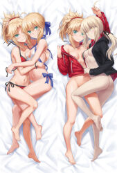 Rule 34 | 4girls, ahoge, ahoge removed, areola slip, artoria pendragon (fate), artoria pendragon (swimsuit archer) (fate), ass, barefoot, bed sheet, bikini, black jacket, black ribbon, blonde hair, blue ribbon, blush, bottomless, bracelet, braid, breasts, bred jacket, butt crack, closed mouth, collarbone, commentary request, dakimakura (medium), detached hair, fang, fate/apocrypha, fate/grand order, fate (series), feet, french braid, full body, green eyes, hair ornament, hair ribbon, hair scrunchie, hand on another&#039;s back, hand on another&#039;s head, hand on another&#039;s waist, highres, hug, jacket, jewelry, legs, long hair, long sleeves, looking at viewer, low ponytail, medium breasts, mordred (fate), mordred (fate) (all), mordred (memories at trifas) (fate), mordred (swimsuit rider) (fate), mother and daughter, multiple girls, multiple persona, multiple views, naked jacket, navel, necklace, open clothes, open jacket, pale skin, parted bangs, ponytail, red scrunchie, ribbon, saber alter (ver. shinjuku 1999) (fate), scrunchie, side-tie bikini bottom, sidelocks, small breasts, smile, soles, swimsuit, toes, tonee, untied bikini, unzipped, yellow eyes, zipper, zipper pull tab