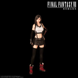 Rule 34 | 1girl, arm guards, black background, black gloves, black hair, black skirt, black thighhighs, breasts, brown eyes, copyright name, crop top, elbow gloves, final fantasy, final fantasy vii, final fantasy vii remake, fingerless gloves, full body, gloves, hand on own hip, long hair, looking at viewer, medium breasts, navel, official art, pleated skirt, red footwear, skirt, smile, solo, square enix, standing, stomach, suspenders, tank top, thighhighs, tifa lockhart, toned, undershirt