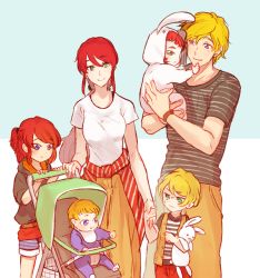 Rule 34 | 3boys, 3girls, alternate universe, baby, bib, blonde hair, blue eyes, carriage, carrying, child, child carry, couple, family, good end, green eyes, half updo, if they mated, jaune arc, long hair, looking at another, multiple boys, multiple girls, onesie, open clothes, open vest, ponytail, pyrrha nikos, red hair, rwby, shirt, shorts, smile, sora (efr), striped clothes, striped shirt, stuffed animal, stuffed rabbit, stuffed toy, sweatdrop, t-shirt, vest, white shirt