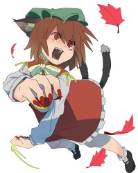 Rule 34 | 1girl, animal ears, bad id, bad pixiv id, bow, brown hair, cat ears, cat tail, chen, fangs, fingernails, full body, hat, highres, leaf, long fingernails, long sleeves, looking away, maple leaf, mary janes, mob cap, multiple tails, nail polish, open mouth, red eyes, shirt, shoes, short hair, simple background, skirt, slit pupils, socks, solo, tail, touhou, turtleneck, twiggytom, vest, white background
