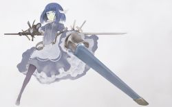 Rule 34 | 1girl, armor, blue eyes, blue hair, borrowed character, closed mouth, cross, dress, frilled dress, frills, gauntlets, ghost, gradient background, highres, holding, holding sword, holding weapon, medium hair, original, solo, sword, ukuel, vambraces, weapon, yunar