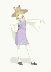 Rule 34 | 1girl, blonde hair, brown eyes, female focus, full body, grin, hat, kitano (kitanosnowwhite), moriya suwako, outstretched arm, outstretched hand, short hair, simple background, skirt, skirt set, smile, solo, thighhighs, touhou, white thighhighs