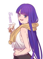 Rule 34 | 1girl, bare shoulders, blue eyes, blunt bangs, blush, bottle, breasts, fate/grand order, fate (series), hand on own hip, highres, large breasts, long hair, looking at viewer, martha (fate), mitsurugi sugar, open mouth, purple hair, simple background, smile, solo, towel, towel around neck, translation request, water bottle, white background