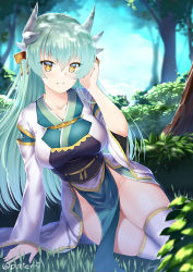 Rule 34 | 1girl, aqua hair, artist name, blurry, blurry background, bush, butter-t, collarbone, commentary request, day, depth of field, dragon horns, fate/grand order, fate (series), forest, gold trim, grass, hair between eyes, hand up, horns, japanese clothes, kiyohime (fate), long hair, long sleeves, looking at viewer, multiple horns, nature, no panties, obi, outdoors, parted lips, pelvic curtain, sash, sitting, skindentation, smile, solo, thighhighs, tree, twitter username, white thighhighs, wide sleeves, yellow eyes, yokozuwari