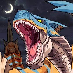 Rule 34 | capcom, crescent moon, highres, monster, monster hunter (series), moon, night, no humans, open mouth, saliva, scales, star (sky), teeth, tigrex, tongue, yellow eyes