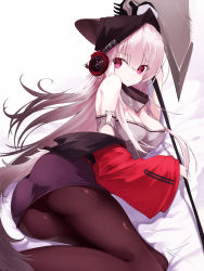 Rule 34 | 1girl, absurdres, arknights, ass, axe, bare shoulders, bed sheet, behind-the-head headphones, black hat, breasts, brown pantyhose, cleavage, detached collar, ears through headwear, feet out of frame, frostleaf (arknights), grey hair, grey shirt, hat, headphones, highres, holding, holding axe, holding weapon, large breasts, long hair, long sleeves, looking at viewer, lying, miniskirt, off-shoulder shirt, off shoulder, on side, pantyhose, parted lips, pink eyes, purple skirt, shirt, signature, skirt, solo, very long hair, weapon, yonagi white