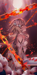 Rule 34 | 1girl, arm cutout, blonde hair, blurry, blurry foreground, chain, dainsleif (genshin impact), dress, floating hair, flower, from side, genshin impact, hair flower, hair ornament, highres, kokollet, long hair, looking up, lumine (genshin impact), parted lips, profile, solo, twitter username, white dress, white flower, yellow eyes