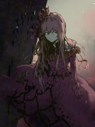 Rule 34 | 1girl, against wall, arm at side, commentary request, crying, dress, flower, flower trim, gloves, glowing, glowing eyes, grey background, hair flower, hair ornament, highres, jane (king&#039;s raid), king&#039;s raid, leaning, long hair, long sleeves, red dress, red gloves, red hair, rose, solo, spongeman9214, strap, strapless, strapless dress, wall, white eyes