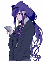 Rule 34 | 10s, 1girl, black hairband, cardigan, cassette player, commentary, cone hair bun, double bun, earbuds, earphones, hair bun, hairband, highres, holding, hugtto! precure, l&#039;avenir academy school uniform, listening to music, long hair, looking at viewer, low twintails, necktie, ponekusan, precure, purple eyes, purple hair, ruru amour, school uniform, shirt, simple background, skirt, solo, twintails, upper body, white background