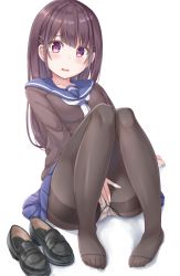 Rule 34 | 1girl, black footwear, blue sailor collar, blue skirt, blush, brown hair, brown pantyhose, brown shirt, commentary request, covering privates, covering crotch, feet, fingernails, hair ornament, hairclip, head tilt, keiran (ryo170), knees together feet apart, loafers, long hair, looking at viewer, no shoes, original, panties, panties under pantyhose, pantyhose, pigeon-toed, pleated skirt, red eyes, sailor collar, school uniform, serafuku, shadow, shirt, shoes, unworn shoes, sitting, skirt, solo, thighband pantyhose, underwear, very long hair, white background, white neckwear, white panties