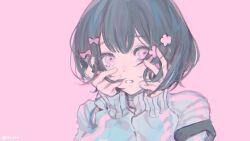 Rule 34 | 1girl, 43 pon, black hair, blue jacket, bow, crying, crying with eyes open, flower, hair bow, hair flower, hair ornament, hands on own cheeks, hands on own face, hands up, highres, jacket, kurari-chan (iyowa), kyu-kurarin (cevio), looking at viewer, multiple hair bows, parted lips, pink background, pink bow, pink eyes, pink flower, portrait, raised eyebrows, short hair, shoulder strap, simple background, sleeves past wrists, solo, strap slip, tears, track jacket, twitter username