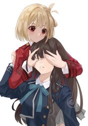 Rule 34 | 1girl, 2girls, absurdres, blonde hair, brown hair, coat, covering another&#039;s eyes, covering own eyes, eyebrows hidden by hair, from behind, highres, hug, hug from behind, inoue takina, long hair, lycoris recoil, multiple girls, nishikigi chisato, open mouth, red eyes, ribbon, sama 1421598740, school uniform, shirt, short hair, simple background, skirt, smile, uniform, white background, yuri