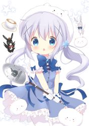 Rule 34 | 1girl, angora rabbit, animal, animal hat, anko (gochiusa), blue bow, blue dress, blue eyes, blush, bow, brooch, character hat, chutney, coffee, coffee cup, collared shirt, crown, cup, disposable cup, dress, frilled dress, frills, gloves, gochuumon wa usagi desu ka?, hair between eyes, hair ornament, hat, holding, holding spoon, holding wand, jewelry, kafuu chino, latte art, long hair, magical girl, mini crown, pantyhose, parted lips, puffy short sleeves, puffy sleeves, rabbit, rabbit hat, saucer, shirt, short sleeves, sidelocks, spoon, star (symbol), tippy (gochiusa), twintails, very long hair, wand, white background, white gloves, white hat, white pantyhose, white shirt, wild geese, x hair ornament