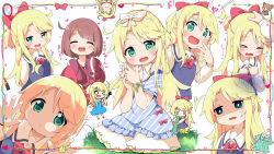 Rule 34 | &gt; &lt;, 0 0, 1girl, :3, :d, ^ ^, against fourth wall, bare shoulders, blonde hair, blue dress, blush, bow, chibi, closed eyes, closed mouth, collared shirt, commentary request, diagonal stripes, dress, dress shirt, green eyes, hair bow, hair ribbon, headpat, highres, himesaka noa, holding, holding microphone, jacket, long hair, long sleeves, looking at viewer, makuran, microphone, multiple views, off-shoulder dress, off shoulder, open mouth, oversized clothes, ponytail, puffy short sleeves, puffy sleeves, red bow, red ribbon, ribbon, sailor collar, sailor dress, school uniform, shadow, shirt, short sleeves, sleeveless, sleeveless dress, sleeveless shirt, sleeves past fingers, sleeves past wrists, smile, striped clothes, striped dress, thick eyebrows, track jacket, very long hair, watashi ni tenshi ga maiorita!, white bow, white sailor collar, white shirt, wig