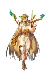 Rule 34 | 1girl, bell, blonde hair, blush, boots, breasts, broken, broken sword, broken weapon, cleavage, clenched teeth, embarrassed, feet, female focus, full body, game cg, green eyes, groin, hair ornament, hand up, highres, holding, holding sword, holding weapon, huge breasts, legs together, long hair, looking at viewer, maou to shugo kishi, melon22, navel, nipples, original, pelvic curtain, pointy ears, sash, shrug (clothing), solo, standing, sword, teeth, thick thighs, thighs, tiara, torn clothes, transparent background, very long hair, weapon
