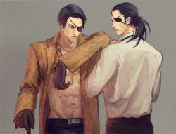 Rule 34 | 2boys, abs, bandages, black pants, blouse, dressing, dual persona, evolution, eyepatch, fangs, formal, future, holding, holding weapon, jacket, leather, leather pants, majima goro, multiple boys, on person, on shoulder, open clothes, open shirt, pants, ponytail, ryuu ga gotoku (series), ryuu ga gotoku 0, ryuu ga gotoku 1, shirt, snake print, spoilers, teeth, time paradox, timeskip, transformation, waluntin, weapon
