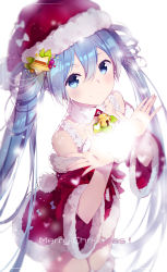 Rule 34 | !, 1girl, alternate hairstyle, bare shoulders, bell, blue eyes, blue hair, bow, christmas, collarbone, cowboy shot, detached collar, detached sleeves, dress, english text, eyelashes, from above, fur trim, glowing, hair between eyes, hair ornament, hair ribbon, hat, hat bow, hatsune miku, heart, jingle bell, light particles, linfi-muu, long hair, looking at viewer, matching hair/eyes, merry christmas, palms, pom pom (clothes), red dress, red hat, ribbon, santa costume, santa hat, short dress, simple background, smile, solo, star (symbol), twintails, very long hair, vocaloid, white background, white bow, wide sleeves, ||/