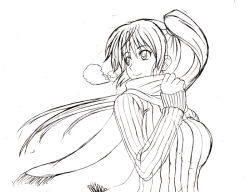 Rule 34 | 1girl, breasts, breath, greyscale, h-new, large breasts, long hair, looking back, monochrome, scarf, side ponytail, sketch, smile, solo, sweater, traditional media, upper body