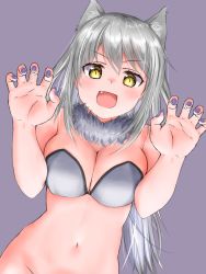 Rule 34 | 1girl, bare shoulders, blush, bottomless, breasts, cleavage, commentary request, fang, flower knight girl, fur collar, ginryousou (flower knight girl), gloves, grey hair, hair between eyes, halloween, highres, large breasts, long hair, looking at viewer, nail polish, navel, pink nails, purple background, simple background, smile, solo, yellow eyes, yukinoshiro