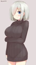 Rule 34 | 10s, 1girl, alternate costume, blue eyes, breast hold, breasts, chaa (korone-ze), cowboy shot, hair over one eye, hamakaze (kancolle), highres, kantai collection, large breasts, looking at viewer, ribbed sweater, short hair, silver hair, sleeves past wrists, solo, sweater, turtleneck, turtleneck sweater