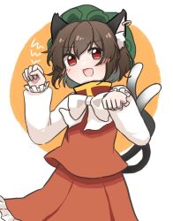 Rule 34 | 1girl, :d, animal ear fluff, animal ear piercing, animal ears, bow, bowtie, brown hair, cat ears, cat tail, chen, commentary, cowboy shot, earrings, fang, flat chest, green hat, hands up, hat, jewelry, long sleeves, looking at viewer, mob cap, multiple tails, nekomata, open mouth, paw pose, puffy long sleeves, puffy sleeves, qqq, red eyes, red skirt, red vest, short hair, simple background, single earring, skin fang, skirt, skirt set, smile, solo, symbol-only commentary, tail, touhou, two tails, vest, white background, white bow, white bowtie