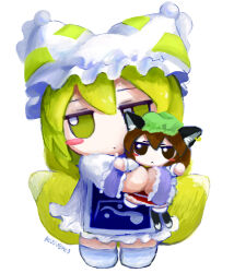 Rule 34 | 2girls, :&lt;, absurdres, animal ears, annoyed, artist name, blonde hair, blush stickers, brown eyes, brown hair, chen, chibi, double-parted bangs, expressionless, fox ears, fox tail, frills, full body, fumo (doll), green headwear, hair between eyes, hat, highres, holding, jitome, mob cap, multiple girls, multiple tails, nekomata, revision, short hair, simple background, size difference, standing, tail, touhou, two tails, white background, white headwear, yakumo ran, yakumora n, yellow eyes