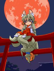 Rule 34 | 1girl, alternate form, animal ears, bell, full moon, goddess of kuzuryuu inari shrine, hakama, hakama skirt, japanese clothes, long hair, miko, mof, moon, oekaki, original, red hakama, red moon, skirt, solo, torii