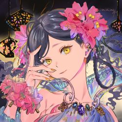 Rule 34 | 1girl, bare shoulders, black hair, braid, earrings, flower, hair flower, hair ornament, jewelry, looking at viewer, nail polish, original, pink flower, shadow, signature, smile, solo, umishima senbon, upper body, yellow eyes, yellow nails