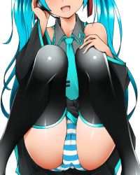 Rule 34 | 1girl, aqua hair, boots, detached sleeves, dr rex, hatsune miku, head out of frame, long hair, panties, solo, squatting, striped clothes, striped panties, thigh boots, thighhighs, twintails, underwear, very long hair, vocaloid