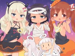 Rule 34 | 4girls, :o, bandages, bat hair ornament, black hair, blonde hair, blue eyes, blush, brown eyes, brown hair, commentary, dress, fake halo, fake horns, fake wings, fang, flat chest, grecale (kancolle), grey hair, hair ornament, hair ribbon, halloween costume, halo, holding, holding wand, horns, kantai collection, koeda (koeda1kg), libeccio (kancolle), long hair, looking at viewer, maestrale (kancolle), mole, mole under eye, multicolored hair, multiple girls, multiple views, official alternate costume, one side up, open mouth, parted lips, pumpkin pants, ribbon, scirocco (kancolle), skirt, skull hair ornament, sparkle, sweatdrop, symbol-only commentary, tank top, twintails, v, wand, wings