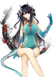 Rule 34 | 1girl, absurdres, aqua dress, aqua hair, arknights, bare legs, bare shoulders, bead bracelet, beads, black hair, bracelet, breasts, china dress, chinese clothes, commentary request, ddd (kzvs5583), dress, dusk (arknights), dusk (everything is a miracle) (arknights), feet out of frame, hair over one eye, hand up, highres, horns, invisible chair, jewelry, korean commentary, large breasts, long hair, looking at viewer, multicolored hair, official alternate costume, orange eyes, pointy ears, simple background, sitting, sleeveless, sleeveless dress, solo, streaked hair, tail, two side up, very long hair, white background