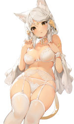 Rule 34 | 1girl, akizone, animal ears, au ra, warrior of light (ff14), bare shoulders, bra, breasts, cheeze (akizone), choker, dragon horns, dragon tail, feet out of frame, final fantasy, final fantasy xiv, garter belt, grey hair, hair ribbon, highres, horns, large breasts, long hair, looking at viewer, navel, off shoulder, open mouth, panties, panties over garter belt, ribbon, scales, simple background, skindentation, solo, tail, thighhighs, tress ribbon, underwear, white background, white bra, white choker, white panties, white ribbon, white thighhighs, wrist cuffs