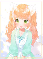 Rule 34 | 1girl, animal ears, apron, aqua dress, blush, cat ears, cat girl, cat tail, commentary request, dress, green eyes, highres, long hair, looking at viewer, mutou mato, neck ribbon, open mouth, orange hair, original, ribbon, smile, solo, sparkle, tail, twintails, upper body, white apron