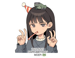 Rule 34 | 1girl, animal, animal on head, animification, black hair, character name, closed eyes, cropped torso, dated, diagonal-striped clothes, diagonal-striped headwear, double v, english text, frog, frog on head, grey eyes, grey sweater, hands up, happy birthday, hat, koizumi moeka, long hair, looking up, mini hat, mouth hold, namgic, on head, party hat, party popper, real life, red hat, shirt, simple background, solo, striped clothes, sweater, two-tone hat, two-tone headwear, upper body, v, voice actor, white background, white hat, white shirt