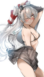 Rule 34 | 1girl, amatsukaze (kancolle), bikini, breasts, brown dress, brown eyes, cleavage, commentary request, dress, grey bikini, grey jacket, hair tubes, hat, highres, jacket, kantai collection, long hair, medium breasts, mini hat, one eye closed, open clothes, open dress, revision, sailor collar, short dress, simple background, smokestack hair ornament, solo, swimsuit, tororo ten, two side up, white background, white hair, white sailor collar