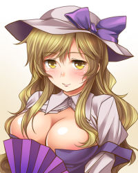 Rule 34 | 1girl, blonde hair, blush, breasts, cleavage, gradient background, hand fan, hat, hat ribbon, juliet sleeves, kei kei, large breasts, long hair, long sleeves, looking at viewer, open clothes, open shirt, puffy sleeves, ribbon, shirt, simple background, smile, solo, touhou, watatsuki no toyohime, white shirt, yellow eyes