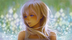 Rule 34 | 1girl, blonde hair, blue eyes, blurry, depth of field, gradient background, kingdom hearts, kingdom hearts ii, lips, long hair, namine, nose, open mouth, short hair, solo