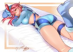 Rule 34 | 1girl, absurdres, anklet, ass, blue gloves, blue shorts, breasts, creatures (company), crop top, game freak, gloves, gym leader, hair ornament, highres, jewelry, leg up, long sleeves, looking at viewer, lying, midriff, nintendo, on bed, pokemon, pokemon bw, red hair, short shorts, shorts, signature, skyla (pokemon), thigh strap, yoshikage (yo4kage)