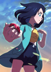 Rule 34 | 1girl, black hair, black shorts, blue eyes, blush, closed mouth, coat, commentary request, creatures (company), day, game freak, glint, green coat, hand up, holding, holding poke ball, liko (pokemon), medium hair, nintendo, open clothes, open coat, outdoors, poke ball, poke ball (basic), pokemon, pokemon (anime), pokemon horizons, pokemon horizons, shirt, shorts, sleeves past elbows, solo, touyama tou, white shirt, yellow bag