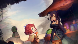 Rule 34 | 4girls, animal ears, apple, bare shoulders, black hair, blue eyes, breasts, capelet, cleavage, detached sleeves, dress, fog, food, forest, fruit, green eyes, green hair, hat, jewelry, large breasts, long hair, looking at viewer, mountain, multiple girls, nature, necklace, pine tree, puffy sleeves, red hair, tree, wavy mouth, wristband, zimajiang