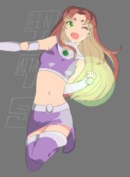 Rule 34 | 1girl, ;), boots, colored sclera, colored skin, copyright name, dc comics, elbow gloves, gloves, glowing, green eyes, green sclera, grey background, highres, hikimayu, midriff, miniskirt, one eye closed, orange skin, red hair, simple background, skirt, smile, solo, starfire, teen titans, thigh boots, thighhighs