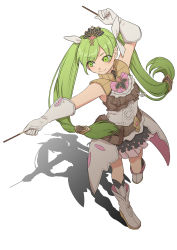 Rule 34 | 1girl, absurdres, arm up, boots, closed mouth, eyes visible through hair, food, frey (rune factory), full body, gloves, green eyes, hair ribbon, highres, holding, holding food, holding pocky, kneehighs, leg up, light green hair, miniskirt, pink skirt, pleated skirt, pocky, pouch, puchiman, ribbon, rune factory, rune factory 4, shadow, simple background, skirt, sleeveless, smile, socks, solo, standing, standing on one leg, twintails, white background, white footwear, white gloves, white ribbon