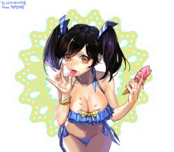 Rule 34 | 1girl, bare shoulders, bikini, black hair, blue bikini, bow, bow bikini, bowtie, bracelet, breasts, brown eyes, cleavage, collarbone, cowboy shot, cyphers, food, frilled bikini, frills, hair ribbon, hands up, holding, holding food, ice cream, ice cream cone, jewelry, large breasts, licking, licking finger, looking at viewer, manjji, marlene (cyphers), melting, navel, polka dot, polka dot bow, polka dot neckwear, ribbon, short hair, side-tie bikini bottom, simple background, solo, swimsuit, tongue, tongue out, twintails, white background